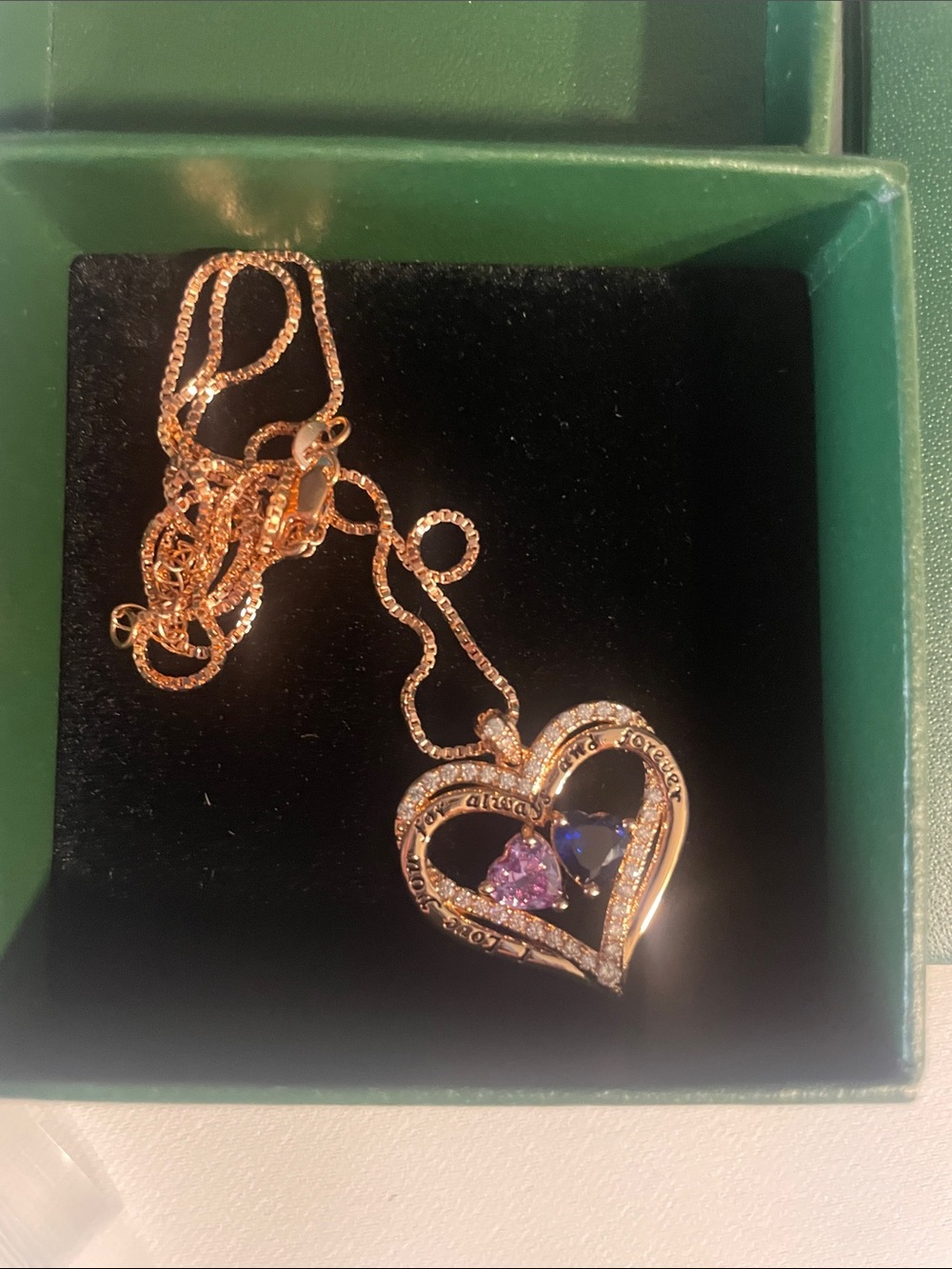 Rose Gold Heart Necklace with Blue & Purple Stones